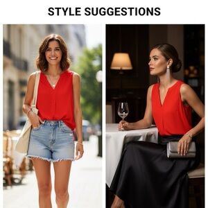 Zac & Rachel Red Pleated Sleeveless Top Tunic Split Neck Work L/G Blouse